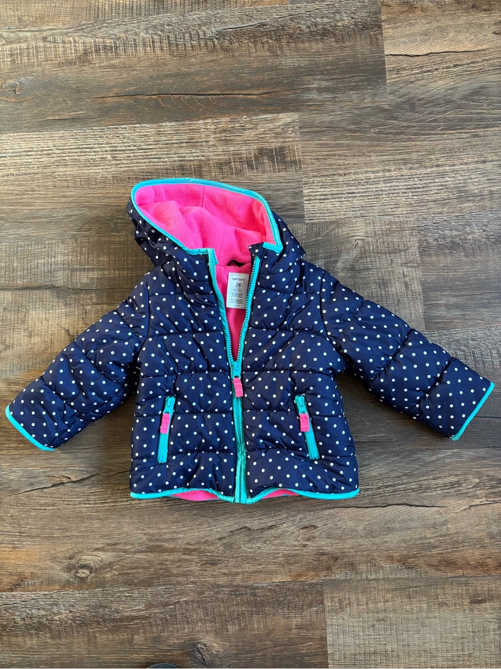 Carter’s Toddler Navy Polka Dot Puffer Jacket with Pink Lining Size 24 months